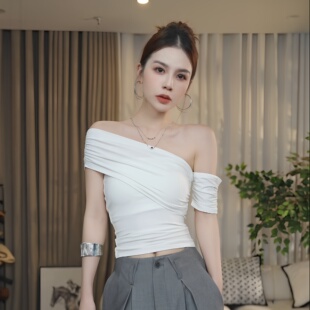 外穿露肩设计感小众上衣T671 修身 XIAOQIN一字肩短袖 t恤女2026新款