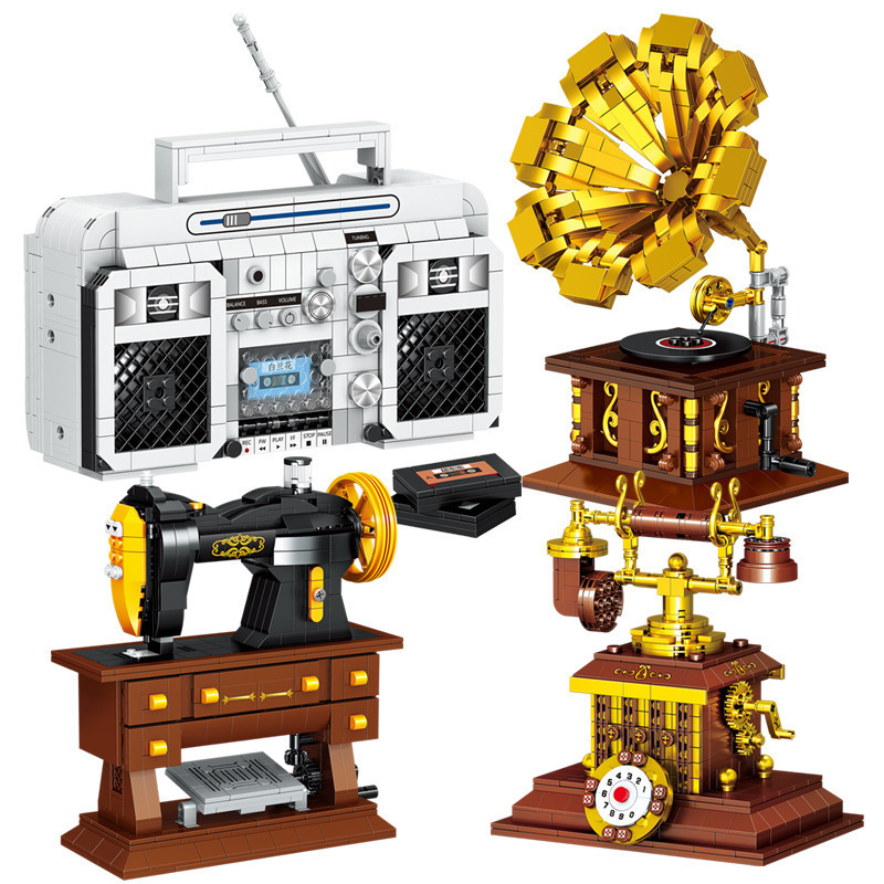 哲高迷你复古风怀旧缝纫机创意模型儿童拼装积木玩具收藏小摆设