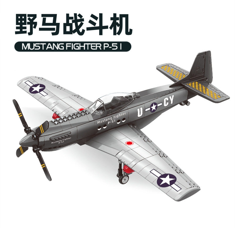 万格4006飞机P-51野马战斗机二战军事20歼15拼装积木玩具2024新款