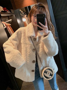 羊羔绒短外套女2023秋冬新款韩版百搭小个子短款开衫宽松毛绒上衣