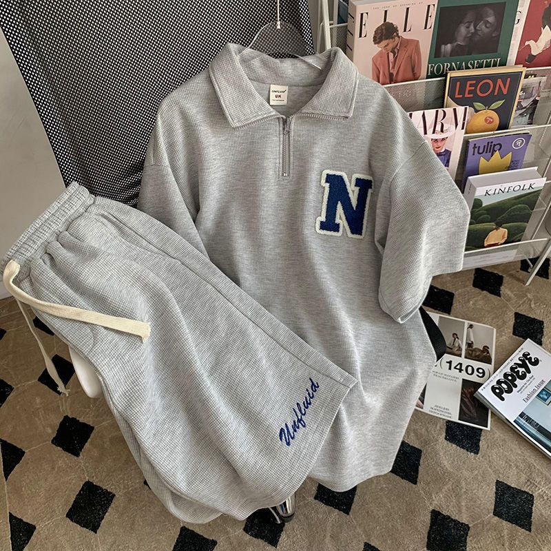 华夫格运动套装男女美式复古Polo衫夏季短裤短袖翻领T恤两件套潮