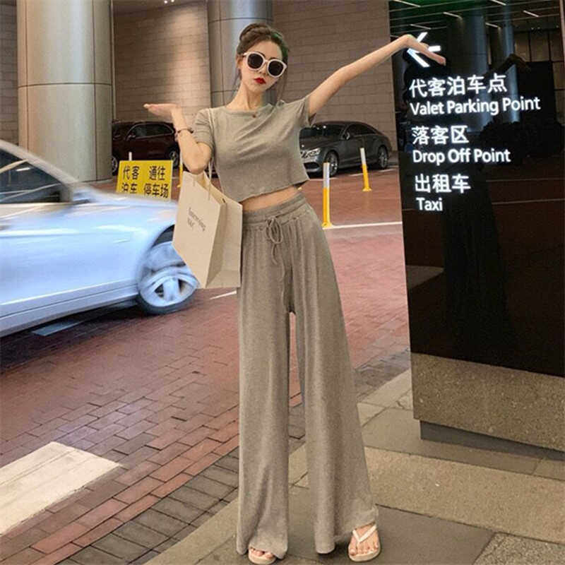 时尚套装女夏季修身显瘦高腰阔腿裤短款露肚脐短袖T恤休闲两件套