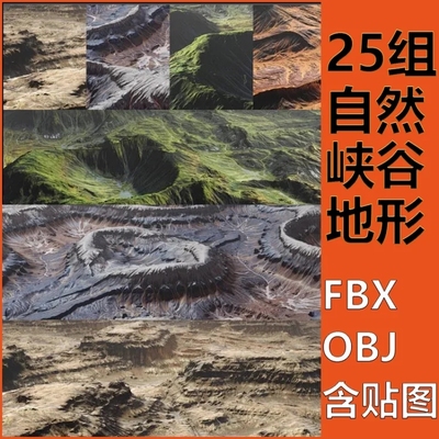 25组自然峡谷地形3D模型峡谷盆地草原地形OBJ/FBX模型下载含贴图