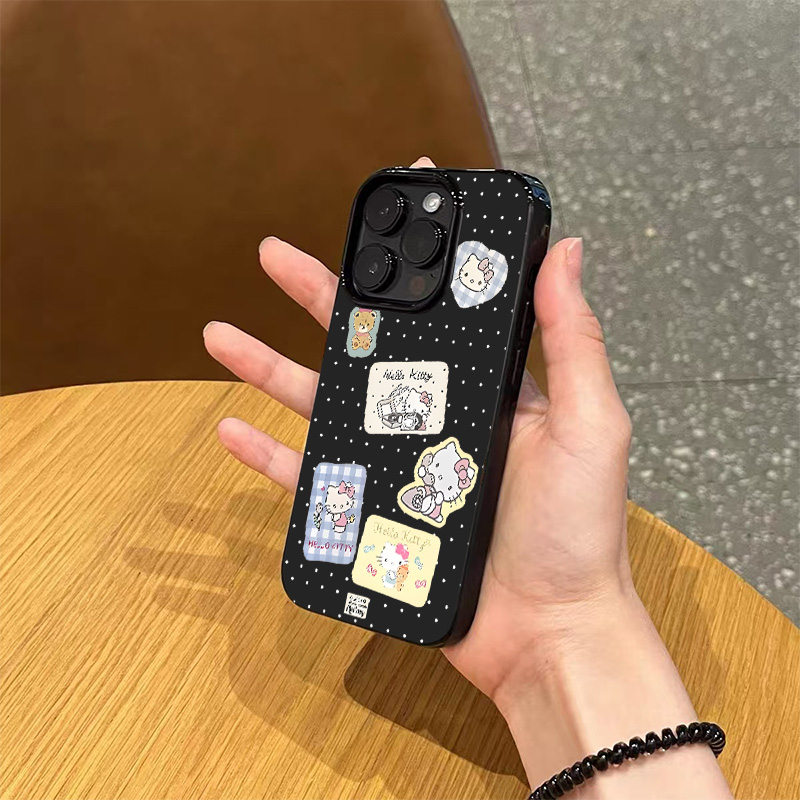 韩系ins卡通可爱白色波点KT猫咪手机壳适用苹果17promax新款iPhone16pro黑色17air硅胶15小众14透明13全包软