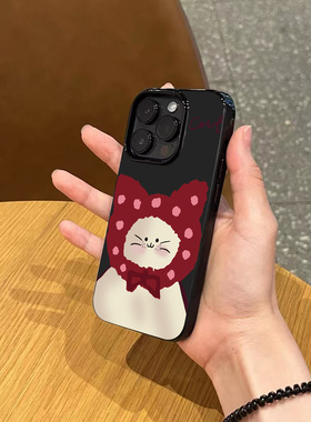 韩风ins卡通红帽子猫咪手机壳适用苹果17promax新款iPhone15亮黑色14pro硅胶13磨砂超薄12女11小众16全包软壳