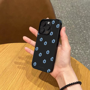 ins春日小众高级感蓝色小花手机壳适用苹果17promax新款 iPhone15pro亮黑色14磨砂13硅胶12女11超薄16防摔软壳