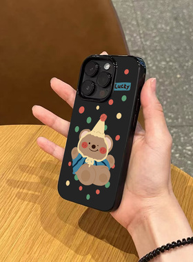 韩系ins风卡通波点小熊手机壳适用苹果17promax新款iphone14亮黑色15pro磨砂13女16小众不撞款11全包防摔软壳