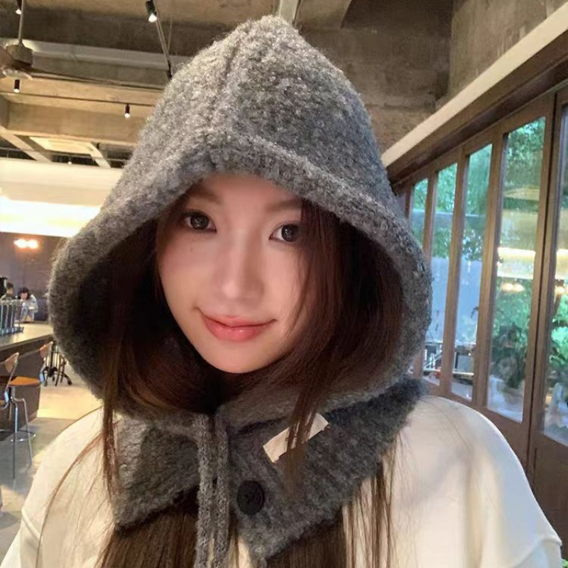 秋冬新款女款针织帽披肩一体