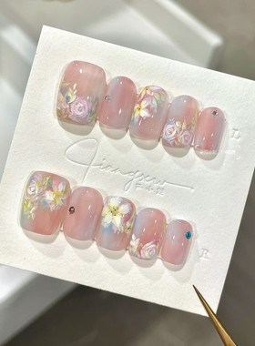 江小文 春日油画 手绘清新春日美甲款式 穿戴甲定制