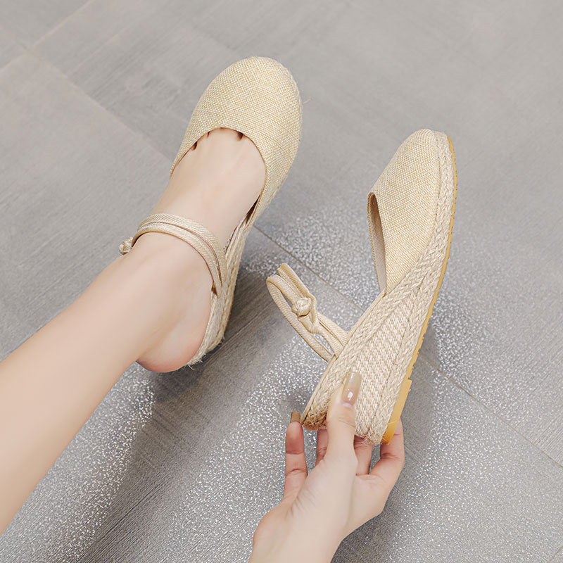 夏季新款坡跟后空圆头亚麻凉鞋