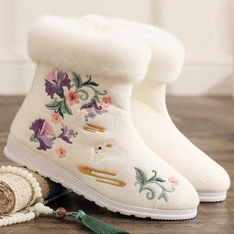 冬加绒汉服靴子女平底加厚保暖雪地靴复古工作鞋民族国风绣花短靴,女鞋,时装靴,淘宝优惠券,粉丝福利购,淘宝优惠卷