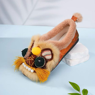 2025冬加绒原创非遗虎头鞋成人平底手工布鞋女民族风绣花汉服棉鞋