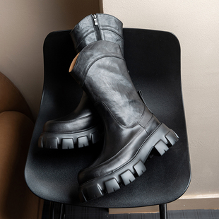 里外全真皮马靴男中高筒靴2025冬厚底增高男西部牛仔靴骑士皮靴子