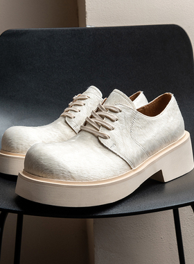 马毛皮德比鞋男英伦白色圆头增高皮鞋简约高端厚底通勤鞋小众真皮