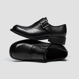休闲通勤鞋 搭扣4cm中跟透气不臭脚男士 男款 松弛感小牛皮方头皮鞋