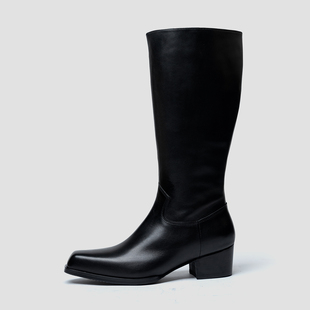 高跟鞋 原创方头长筒靴男小牛皮骑士长靴增高跟靴子配大衣 先生sir