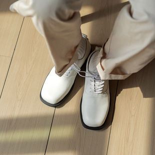 先生sir 薄底鞋 细腻头层小牛皮白色方头德比鞋 休闲皮鞋 男士 高跟鞋