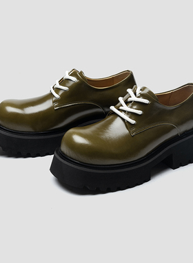 里外全真皮CGDl复古米奇大头皮鞋男士英伦厚底增高时尚绿色德比鞋