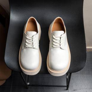 增高透气 英伦高端里外头层牛皮圆头雕花厚底鞋 白皮鞋 男真皮德比鞋
