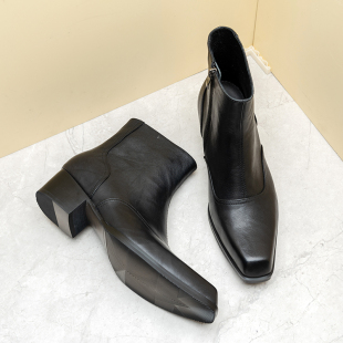 英伦风方头真皮靴子男2025秋冬新款 简约商务高跟侧拉链切尔西短靴