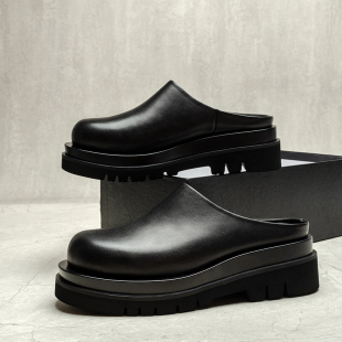 全真皮透气外穿增高凉皮鞋 原创松糕厚底休闲包头拖鞋 男夏季 皮鞋 式