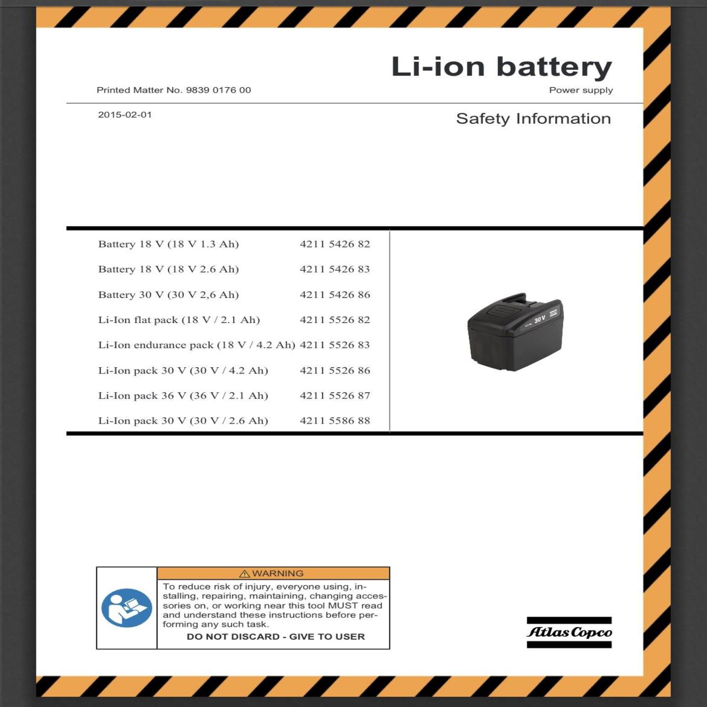 配件特价原装ATLAS COPCO阿特拉斯电动工具电池 18V 21Ah 42议价