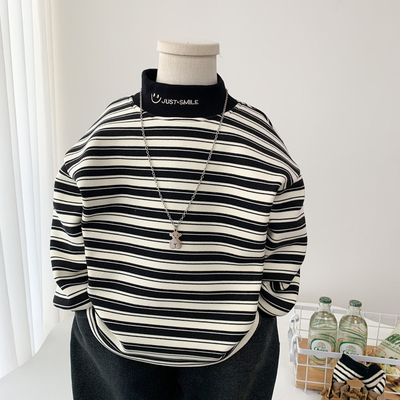 男童德绒长袖秋冬款2025新款中小童条纹加绒卫衣帅气儿童高领上衣