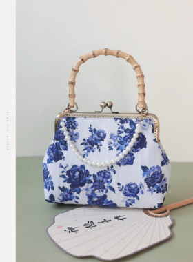 神隐手作《青花瓷》国风复古旗袍手提包汉服包包新中式竹节口金包