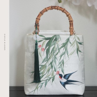 神隐手作江南柳燕中国风旗袍宴会包汉服手提包刺绣中式竹节手拎包