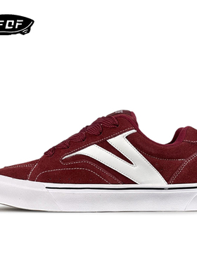 VFDF面包鞋翻毛皮拼接复古酒红板鞋男女潮鞋百搭低帮情侣休闲鞋子