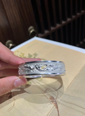 芳华 足银999贴金纯银手镯开口镯子送女友礼物纯手工錾刻牡丹花