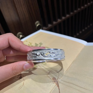 芳华 足银999贴金纯银手镯开口镯子送女友礼物纯手工錾刻牡丹花