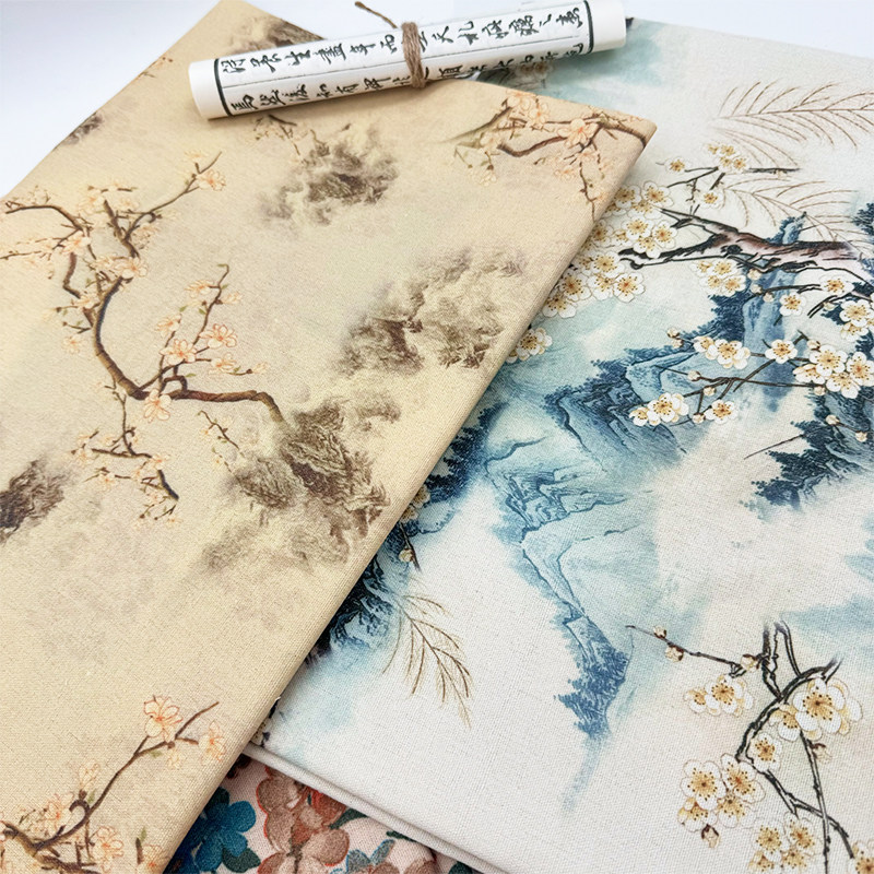 新中式山水画国风加密棉麻布料diy布头清仓装饰桌布窗帘沙发面料