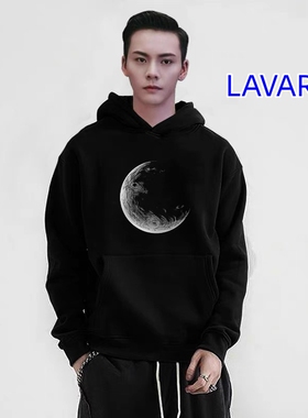 LAVARD X FDR潮牌连帽卫衣男春秋季潮牌ins加绒加厚黑色印花外套