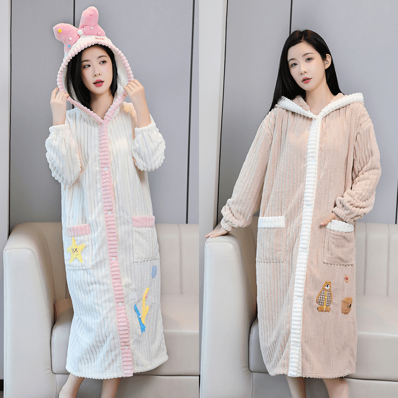 女士浴袍2024秋冬新款束袖带帽吸水速干睡袍居家保暖家居服外穿