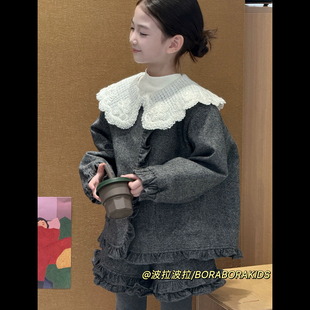 超洋气森系女孩秋冬装2025新款女童小香风蕾丝大翻领加棉呢子外套
