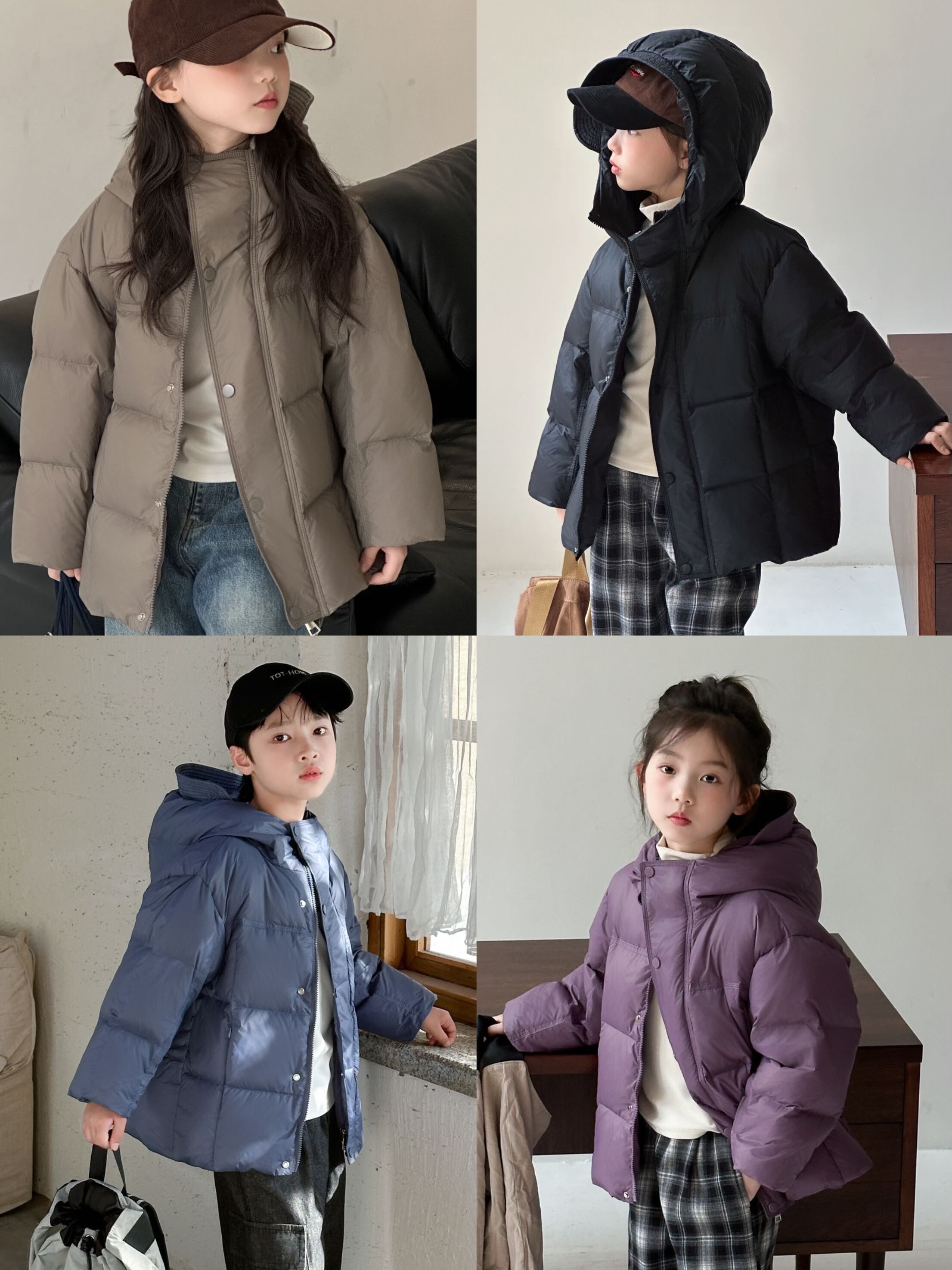 韩国童装冬装男生女孩中大童亲子儿童纯色白鸭绒连帽羽绒服外套