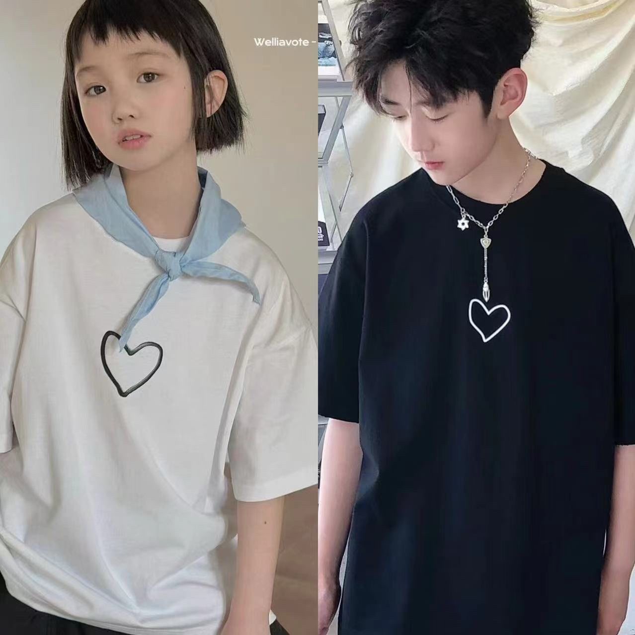 清仓现货波拉韩国童装男童女中大童初中生夏亲子爱心字母短袖T恤