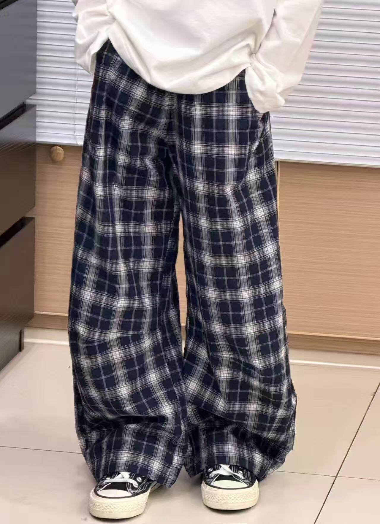 【现货】波拉韩国童装男女童中大童夏亲子格子休闲薄阔腿裤弯刀裤