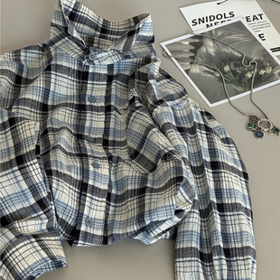 童装 儿童格纹绉纱薄衬衣韩版 中大童上衣女童洋气格子衬衫 波拉春款