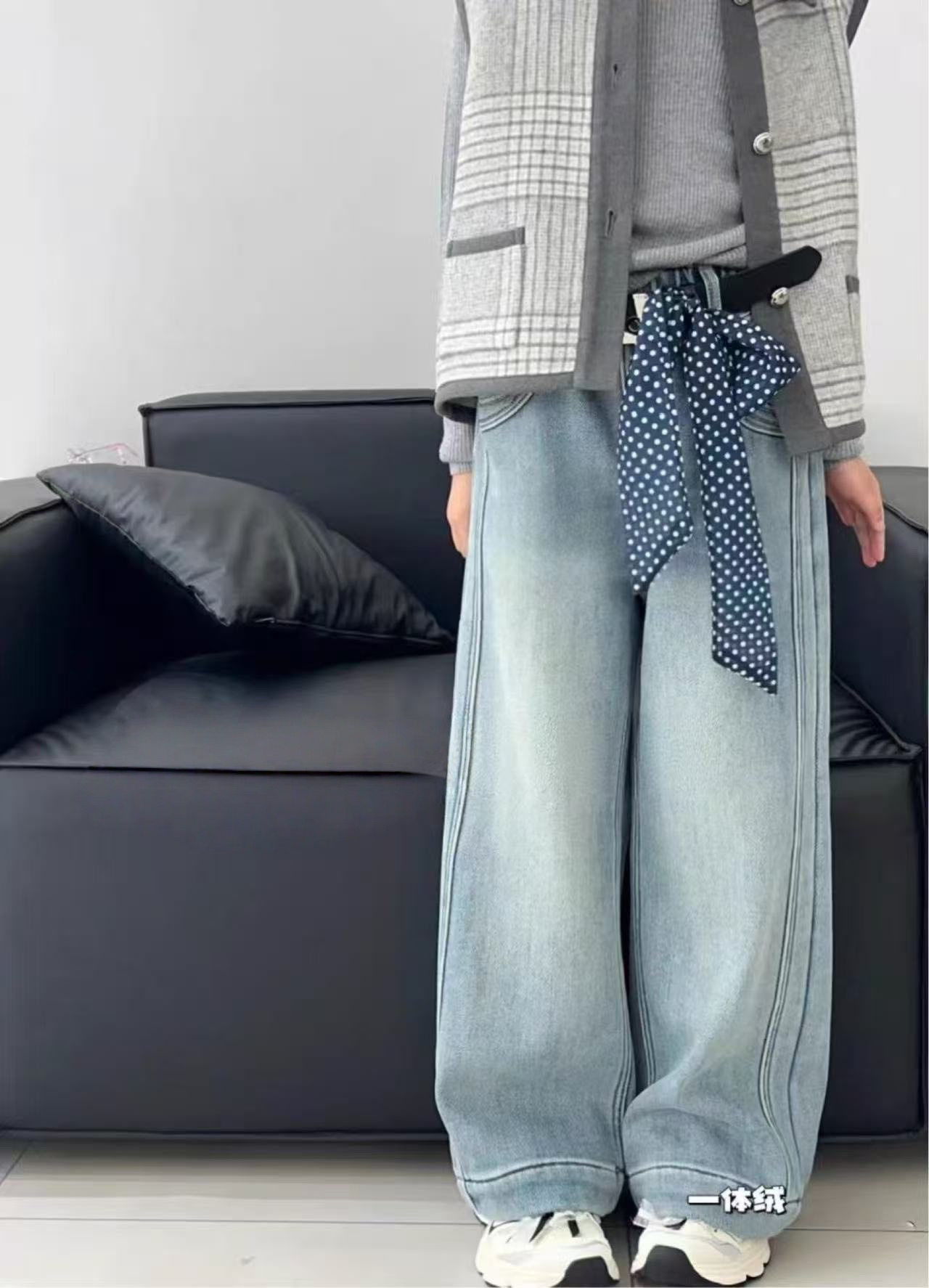 波拉韩国童装女童女生中大童儿童装青少年亲子加绒阔腿直筒牛仔裤