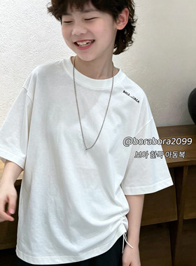 波拉韩国童装男女童中大童初中生夏全棉亲子白色字母短袖T恤