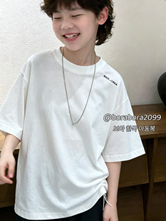 波拉韩国童装男女童中大童初中生夏全棉亲子白色字母短袖T恤