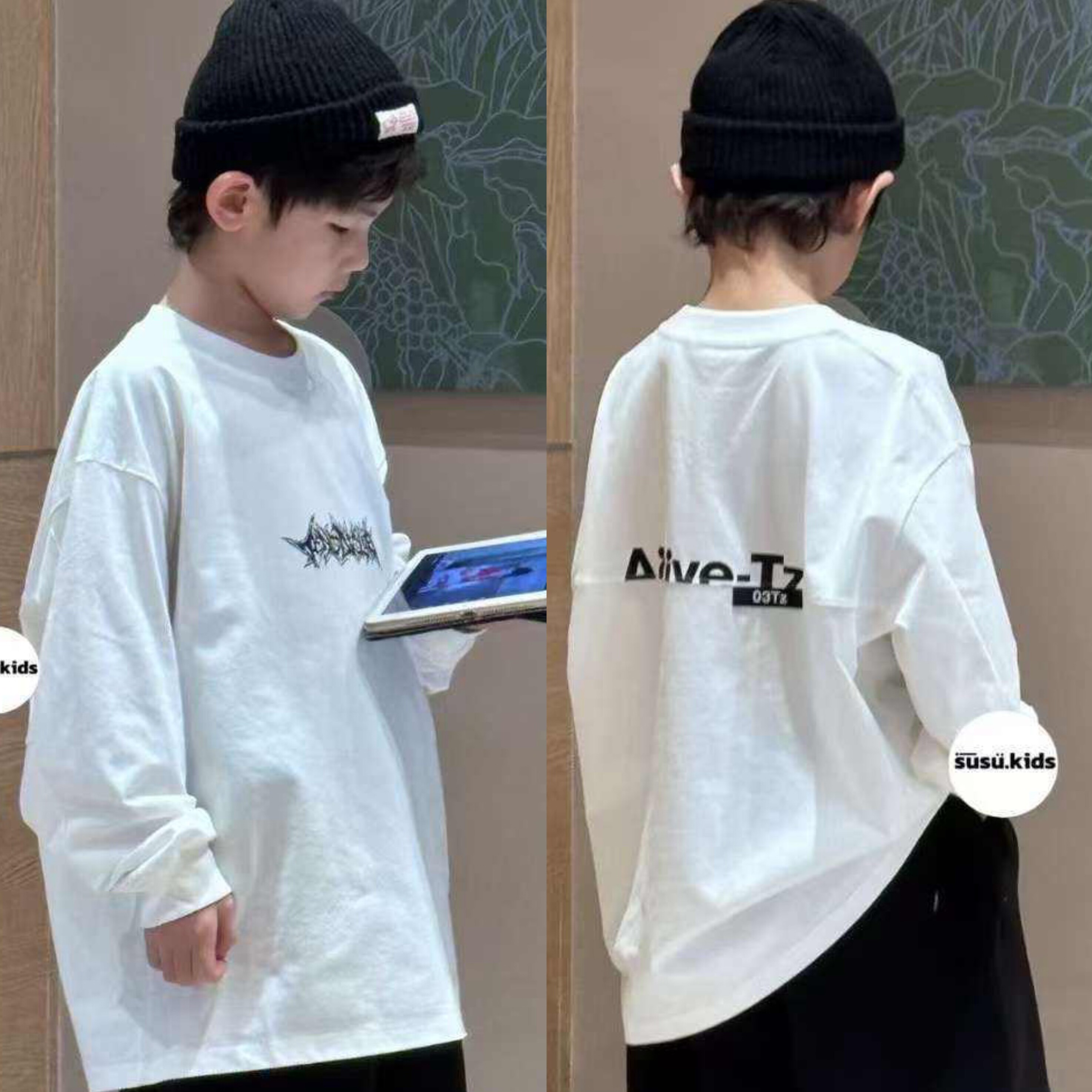 现货波拉童装秋装男童女童中大童青少年亲子街舞潮牌字母长袖T恤