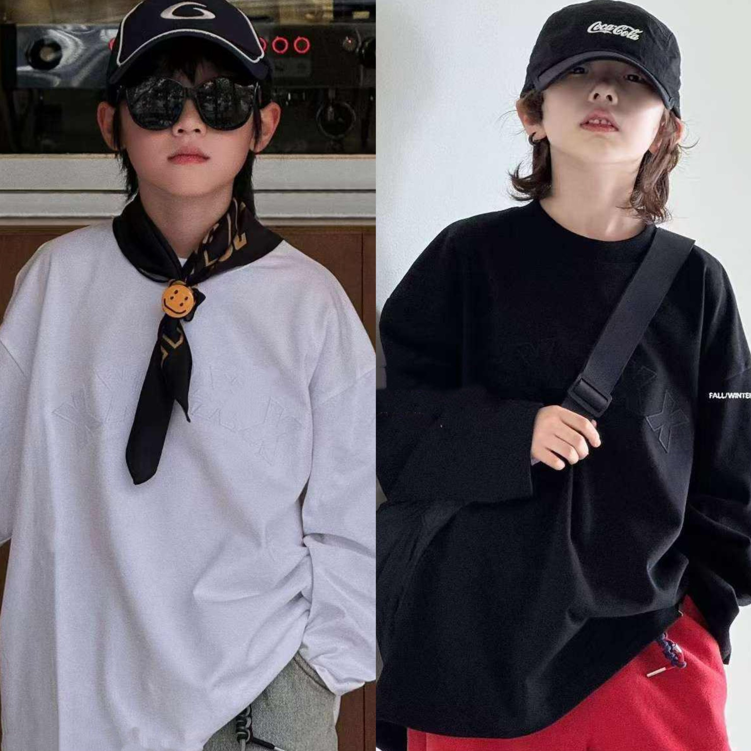 现货波拉韩国童装秋装男童女童中大童亲子简约大气字母长袖T恤