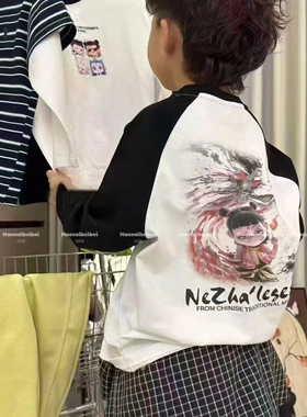 清仓现货波拉韩国春秋装男童女童儿童装亲子哪吒插肩袖长袖白T恤