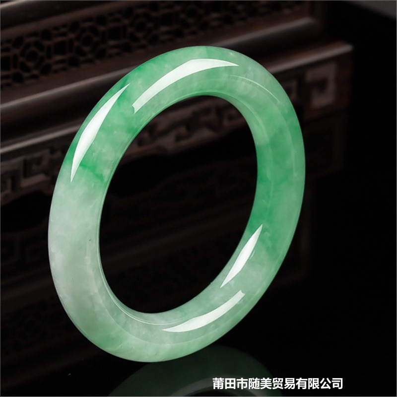 翡翠圆条手镯女飘花玉石冰糯种玉镯子翡翠天然缅甸送礼情人节