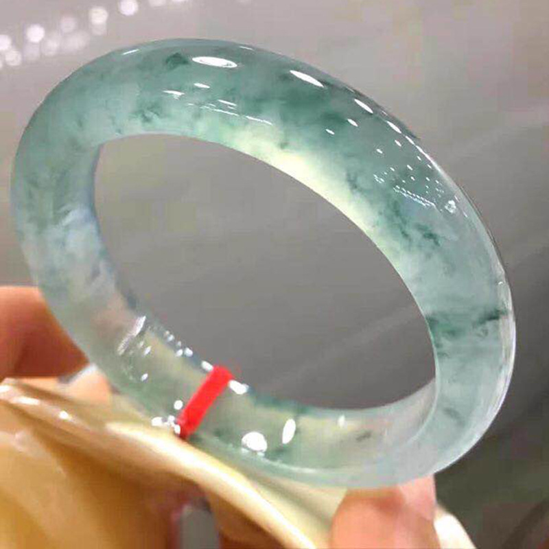 正品天然冰种透绿飘花翡翠手镯女款正圈贵妃镯缅甸老坑晴水
