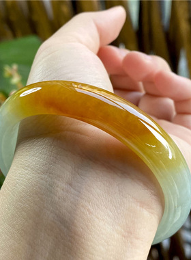 天然缅甸翡翠手镯女新款飘花黄翡玉镯子糯冰种正圈水润美人镯