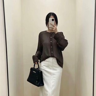 潮流百搭法式风条纹真丝长袖上衣衬衫女长袖衬衫女夏季高级感轻奢